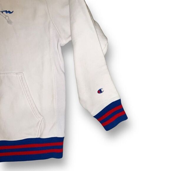 🏁 Vintage Champion Reverse Weave White Hoodie‎ – Striped Cuffs Size L - Picture 3 of 6